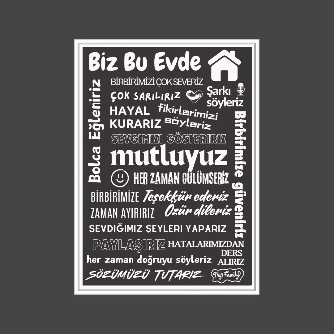 Bu Evde Her Zaman Gülümseriz Yazısı (Beyaz Çerçeve Görünümlü) Gri Zemin Beyaz Yazılı 40x55 PVC 1mm  